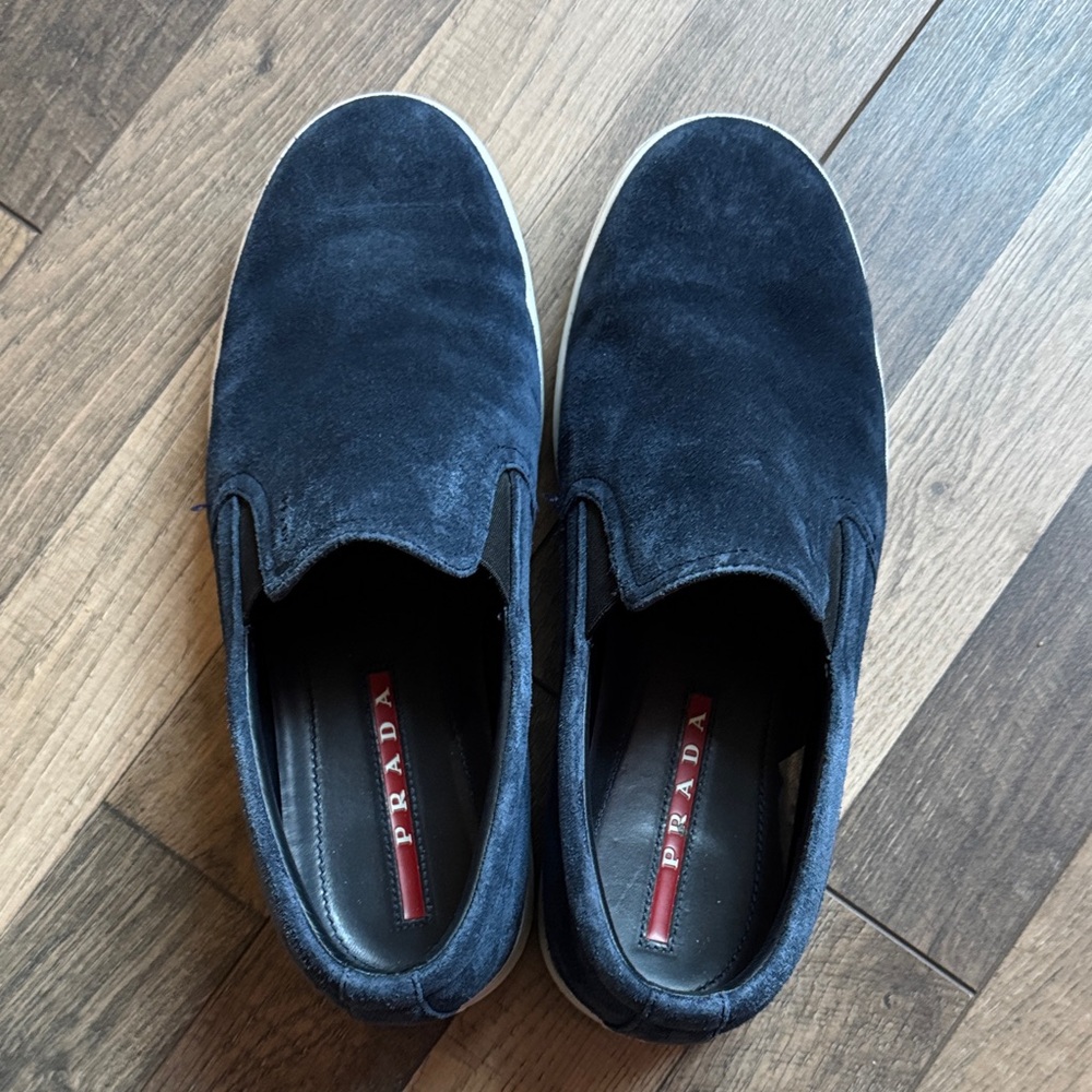 Prada Men's Dark Blue Suede Slip-Ons